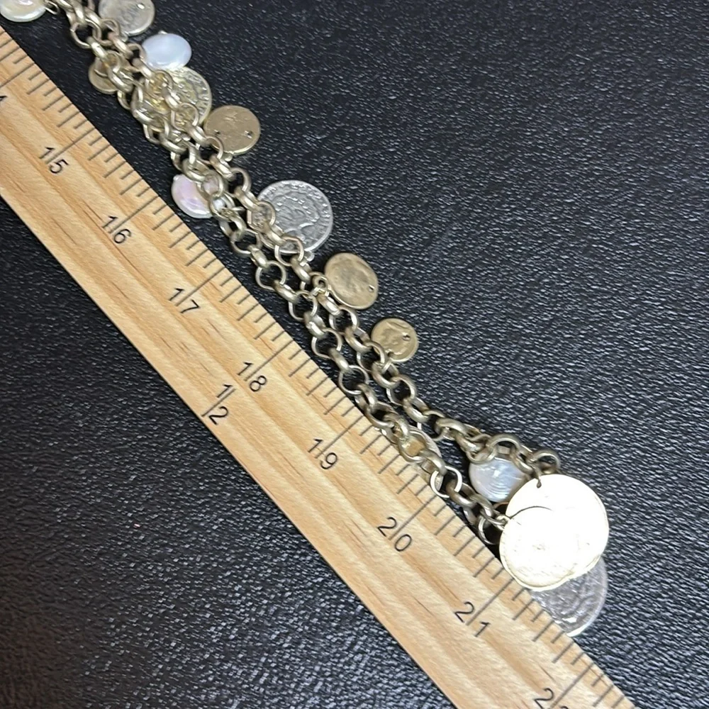 Chico’s Long Coin Silver Gold Tone Dangle Chain Necklace